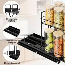 Stozle Heavy-Duty Iron Spice Rack Storage Box, Suitable For Cabinets - 2-Layer Pull-Out Storage Rack With Pull-Out Shelves And Sliding Drawers, Space-Saving Kitchen Storage Organizer, With Label Compartments, For Storing Spices, Spice Jars - Black - View 10
