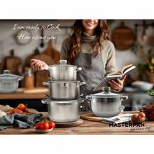 12-częściowy zestaw garnków gazowo-indukcyjnych MASTERPAN ze stali nierdzewnej. Naczynie żaroodporne 1,4 litra, 14 x 9,5 cm, z pokrywką: idealne do małych i średnich potraw, zapewniające wszechstronność w codziennym gotowaniu. Naczynie żaroodporne 3 litry, 18 x 11,5 cm, z pokrywką: idealne do różnorodnych przepisów, zapewniające elastyczność w przygotowywaniu posiłków. Naczynie żaroodporne 3 litry, 18 x 11,5 cm, z pokrywką: kolejna opcja do średniej wielkości posiłków. - Zobacz 9