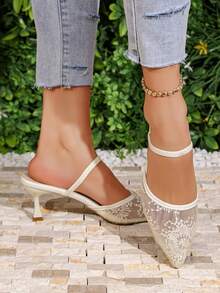 Women's Embroidered Pointed Toe Mesh Floral Open Toe High Heel Pearl Slip-On Backless Bridal Wedding Sandals - White - View 5