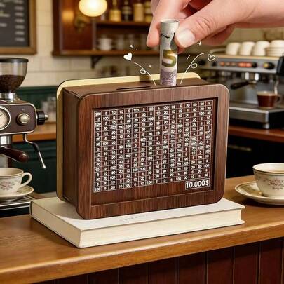 1pc $10,000 Savings Challenge Box + Erasable Pen, Money Box, Cash Vault, Wooden Piggy Bank, Coin Counter, Adult Savings Jar, Money Box With Counter, Suitable For Couple Challenge And Travel Planning, Equipped With Reusable Recording Tool. It Is An Ideal Tool For Budgeting And Planning, Also A Great Gift Or New Year Shopping Choice.