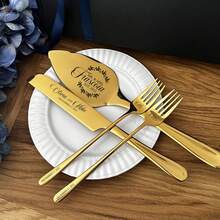 2/4 Sets Customized Engraved Wedding Cake Cutting Utensil Set, Comes With Gift Box: Personalized Gold Cake Knife And Fork Set, Bridal Party Wedding Gift - Multicolor - View 4