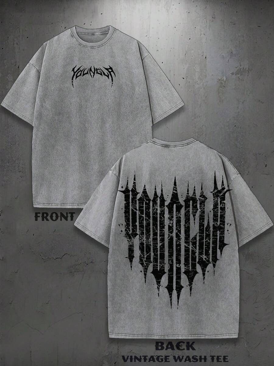 1PC Y2K Vintage Washed T-Shirt | Men's YLA Graphic Tee | Gym Graphic Tee | Gifts For Men Or Boyfriend | 100% Cotton | 230Gsm Thickened Fabric | Unisex - Grey - View 1