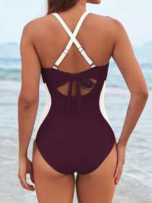 Women's Swimsuit Stylish Contrast Color Sleeveless Cross Back Tummy Control Bathing Suit For Beach Pool - Mauve Purple - View 6
