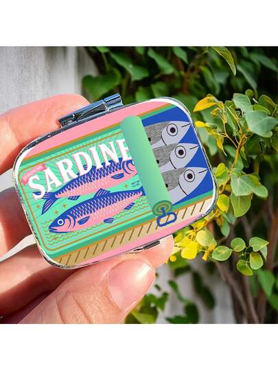 1pc Vintage Whimsical Small Fish Tin Square Pill Box With 2 Compartments, Compact Storage Box Suitable For Home, Travel, And Unique Pocket/Wallet Gift