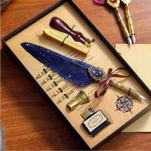 1 Set Gift Box Includes Stamp, Wax Seal, Feather Pen - Jubaboz Calligraphy Pen And Ink Pen Set, Dip Pen, Mechanical Gear Dip Pen, Goose Feather Pen Made Of Goose Feather, Themed Set, Birthday Gift, Holiday Gift - Multicolor - View 1