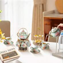 Juego de té de porcelana para adultos juego de té de cerámica europea tazas de té de cerámica 5 onzas tetera (23 onzas) y platillos con soporte de metal para fiestas de té (verde) - Verde - Ver 7