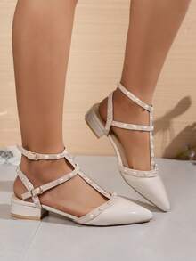 女士卡其色高跟鞋，饰有交叉铆钉，性感时尚尖头高跟鞋，单带金属扣设计，新款纤细高跟凉鞋 - 卡其色 - 查看 4