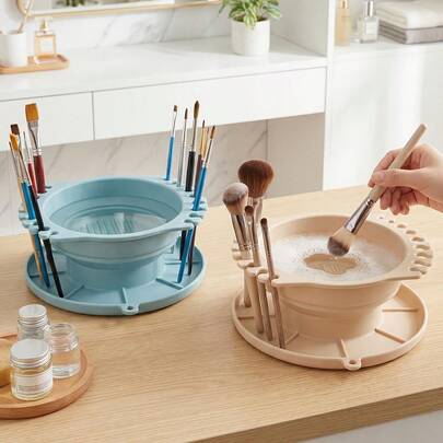 1 st vikbar silikonställ för rengöring och torkning av sminkborstar, texturerad bas, bärbar 3-i-1-borstematta, förvaringsbricka, lämplig för kosmetikaorganisering, resor och studioanvändning (vårfräsch, påskpresent, reseessens, konstnärsessens, sminkbordsorganisatör)