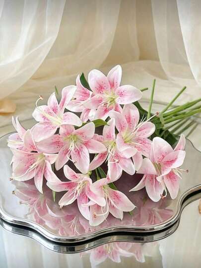 6/1pc 32cm Artificial Pale Pink Lily Flower, Silk Flower Decor For Home, Wedding, Birthday Party, Dining Table, Garden, Bridal Bouquet, Classroom Decoration