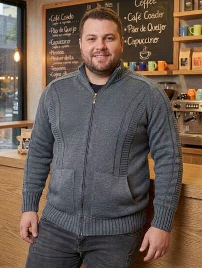 Jaqueta Masculina Plus Size Tricot Com Zíper Bolsos Gola Alta Canelado 100% Algodão Outono Inverno