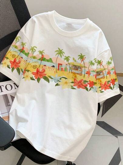 大码女式时尚T恤，柔软透气，适合春夏穿着，休闲、度假、日常穿着皆宜 - 大码女式常规印花T恤 白色