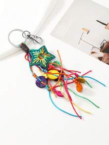 1PC Bohemian Style Hand Woven Rainbow Fringe Keychain Pendant, Wooden Carved Coconut Shell Five Pointed Star Turtle Keychain, Suitable For Party Gifts - Multicolor - View 15