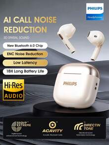 PHILIPS 飞利浦新款蓝牙6.0无线耳机，TAT1420，高保真音质，半入耳式设计，降噪功能，适用于游戏、运动、智能手机、电脑、平板电脑。 - 白色 - 查看 2