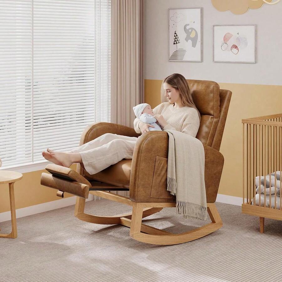 Silla basculante moderna con reposapiés, silla de planeador de guardería con bolsillos laterales y almohada, silla basculante para sala de estar dormitorio sala de enfermería - Cuero PU naranja - Ver 1