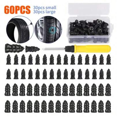 60PCS Car Vacuum Tire Repair Nail Rubber Screw+Screwdriver Tool Set, Tire Repair Tool Set With Box, Universal Emergency Tool Set Suitable For Electric Vehicles, Cars, Motorcycles, And Bicycles