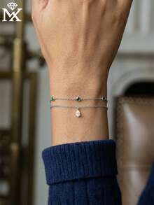 SYMFNY 1件925纯银壁龛式设计祖母绿圆形钻石+水滴形白色钻石精致链条手链，适合日常佩戴/派对晚宴 - 手鍊 - 查看 2