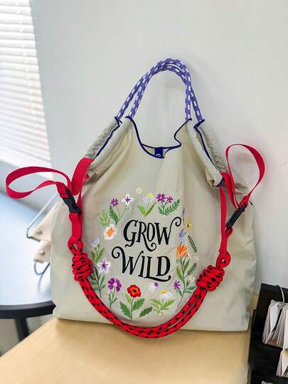 New Casual Versatile Embroidered Floral Pattern Foldable Tote Bag, Large Capacity Suitable For Commuting, Shopping, Beach, Party, Women's Shoulder Handbag