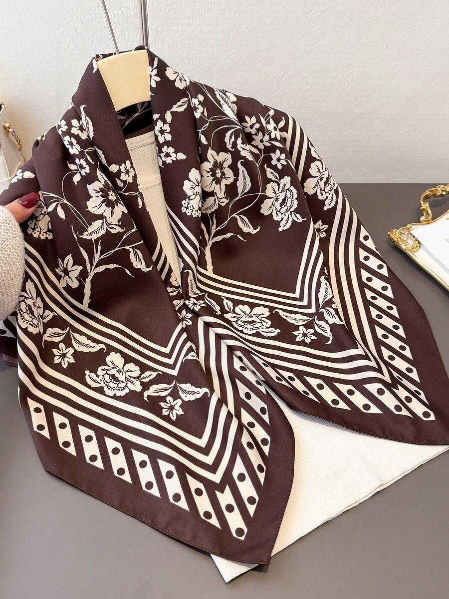 1pc Luxurious Floral Pattern Women's Spring/Summer Faux Silk Scarf Square Scarf Shawl For Daily Wear, Beach, Holiday - FN279-2 Brown - View 1