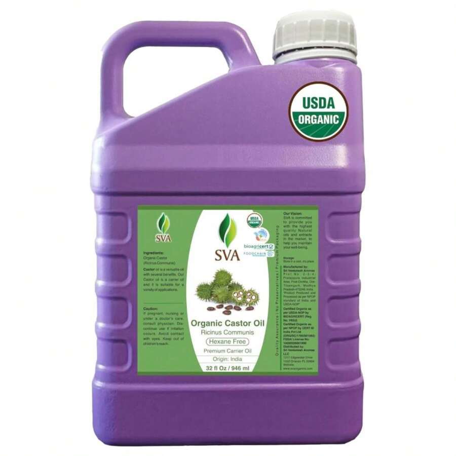 SVA Castor Seed Oil Organic - 32 Fl Oz U2013 100% Natural Cold Pressed Organic Castor Oil - For Face, Skin Care, Hair Care, Scalp Massage &Amp; Body Massage - ColorK - 查看 1