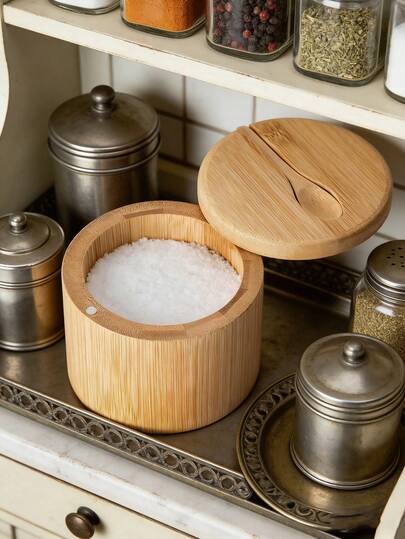 1 pieza Caja de almacenamiento de bambú para sal y pimienta con tapa giratoria y cuchara magnética, frasco de especias de bambú de 6 onzas para sal, pimienta, condimentos, azúcar