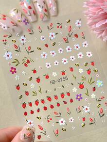 1pc 5D Embossed Floral, Bee, Ladybug, White Flower, Red Fruit Pattern Self-Adhesive Spring Nail Art Stickers, Nail Decor For Women - Multicolor - View 6