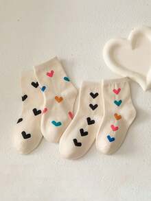 1 Pack Of 4 Pairs Of White Heart-Shaped Socks, Suitable As A Daily Gift For Boy And Girl - Multicolor - View 1