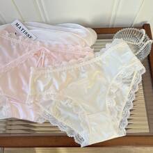 Sultry Moonlight* Sexy Satin Lace Panties For Women, Mid-Waist Hollowed-Out Pure Desire Breathable Cotton Crotch Triangle Briefs For Women - 杏色 - 查看 4