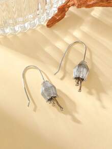 1对新款中国风禅意花苞吊坠耳环，手工银质植物长耳环，优雅日常佩戴饰品，铜质材质，防过敏，不褪色 - 銀色 - 查看 1