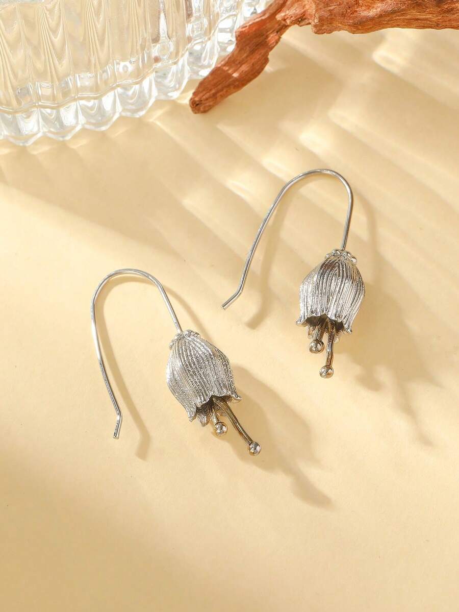 1对新款中国风禅意花苞吊坠耳环，手工银质植物长耳环，优雅日常佩戴饰品，铜质材质，防过敏，不褪色 - 銀色 - 查看 1