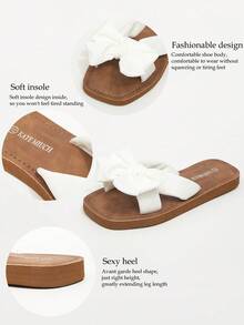 MIUCH Women's Spring/Summer New Simple Fashion Casual Sweet Cute Bow-Tie Decor White Square Toe Flat Sandals, Suitable For Beach Vacation, Valentine's Day, Mother's Day, Dating, Club Party, Summer Beach, Bohemian Fresh Bright Natural Beautiful Lightweight Comfortable Easy Slip-On White Ladies Slippers, Indoor Home Slippers - White - View 7
