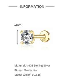 EleRunis 1pc 0.1 Carat Moissanite 925 Sterling Silver 4-Prong Setting 2/3/4mm Flat Bottom Cartilage Earring, Delicate Jewelry For Daily Wear, Wedding, Party, Engagement, Anniversary, Valentine's Day - Gold - View 8