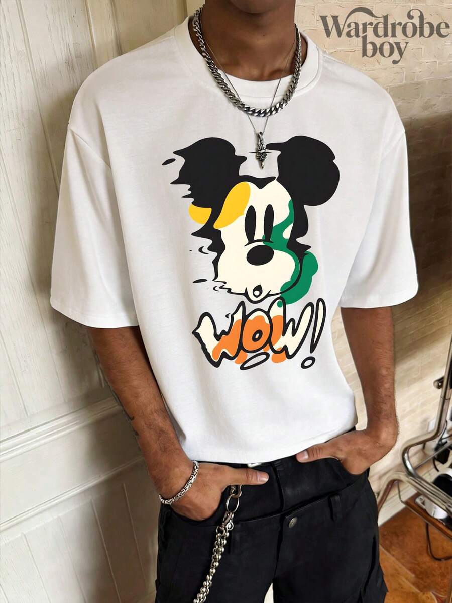 Disney Printed T-Shirt,   Disney Art Graffiti Mickey Print T-Shirt, Unisex,High-Quality Pure Cotton T-Shirt,Suitable For All Seasons, Comfortable And Breathable| Exquisite Design | The Best Choice For Giving Gifts - 白色 - 查看 1