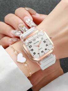 2pcs/Set Women's Silicone Square Watch With Numeric Dial, Classic Quartz Wristwatch + Heart-Shaped Bracelet (Watch Box Not Included) - White - View 2