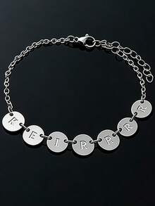 Fashionable, Generous, Cute, Sexy Gold Letter Name Customized Necklace, Stainless Steel Customized Necklace And Bracelet Set, Minimalist Adjustable Necklace And Bracelet, Gift For Family, Lover, Friend, Yourself, Father's Day, Mother's Day, Holiday, Birthday, Anniversary, Wedding, Daily Wear, Party - Silver - View 5