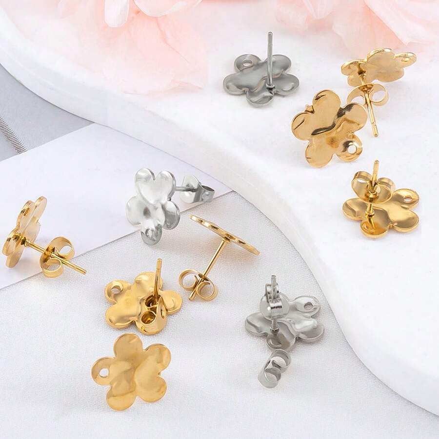 10pcs Cute Flower Shaped Stainless Steel Earring Studs, Gold Embossed Earring Findings With Holes, Suitable For DIY Women Earring Making
