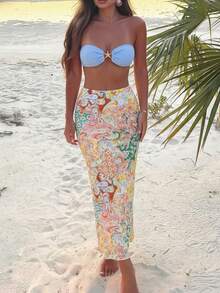 Bộ bikini hai dây gợi cảm dành cho nữ, áo croptop hở lưng kết hợp với chân váy in họa tiết co giãn cao cấp. - Màu xanh lam - Xem 6