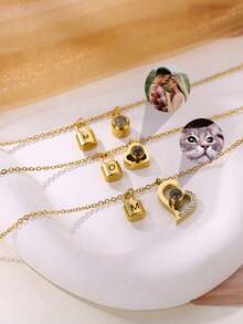1pc Customized Photo Necklace, Stainless Steel Engraved Initial Pendant, Fashionable Creative Lock Design Pendant, Personalized Heart/Round Projection Pendant, Suitable For Men And Women, Elegant Minimalist Jewelry, Mother's Day Gift, Bridesmaid Gift, Proposal Gift - Gold - View 9