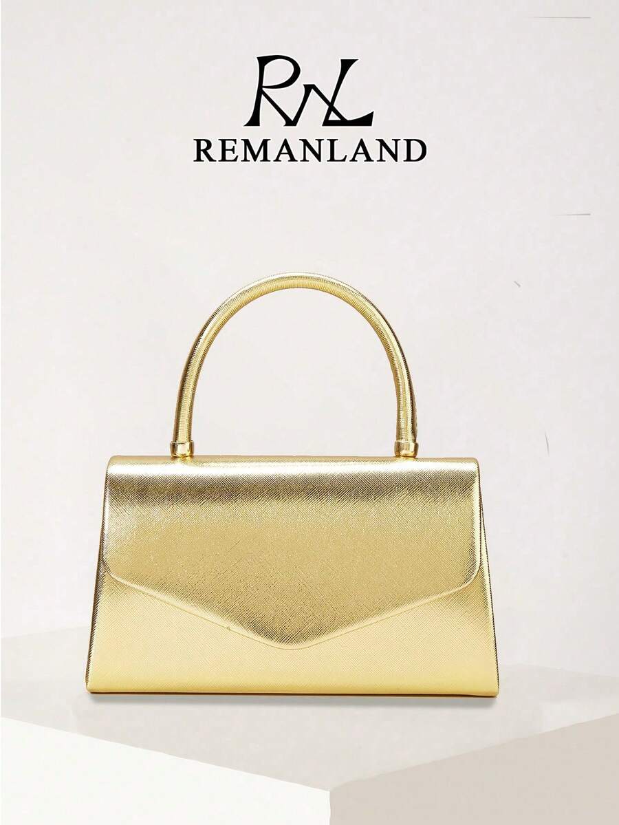 REMANLAND Minimalist And Sleek Gold Handbag, Featuring Clean Lines, A Refined Metallic PU Finish, Streamlined Curved Top Handle And Envelope Silhouette. Seamlessly Transitions From Office Meetings To Business Dinners, Balancing Professionalism With Subtle Luxury For Everyday Elegance. It Is The Best Gift For Women - Gold - View 1