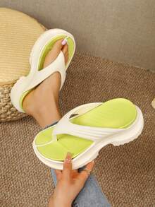 Colorblock Platform Wedge Sandals, Comfortable Beach Flip Flops, Fashionable & Versatile - Fluorescent Green - View 10
