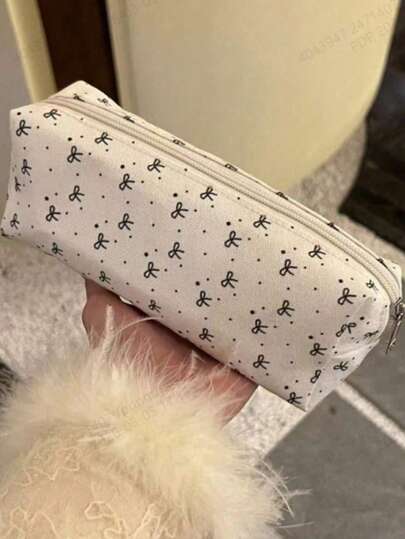 1pc Cute Large Capacity Cosmetic & Stationery Storage Bag, Bow Decor Pencil Case Back To School