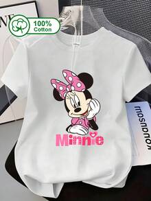 Disney Women's Casual Daily Wear, 100% Cotton Short Sleeve T-Shirt, Features Mickey Mouse Resting His Chin And Smiling, With Pink Gradient Letters And Heart Pattern Print, Sweet Girly Style, Gentle And Age-Reducing. Suitable For Daily Wear, Disney-Themed Outings, Dates, And Casual Shopping. Summer Clothing, T-Shirt With A Pink Base, White Polka Dots, And Bow Mickey Mouse Pattern Print. - White - View 1
