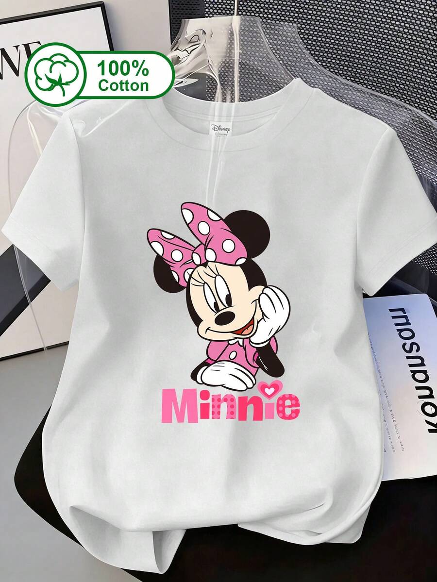 Disney Women's Casual Daily Wear, 100% Cotton Short Sleeve T-Shirt, Features Mickey Mouse Resting His Chin And Smiling, With Pink Gradient Letters And Heart Pattern Print, Sweet Girly Style, Gentle And Age-Reducing. Suitable For Daily Wear, Disney-Themed Outings, Dates, And Casual Shopping. Summer Clothing, T-Shirt With A Pink Base, White Polka Dots, And Bow Mickey Mouse Pattern Print. - White - View 1
