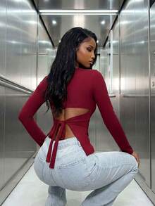 Women's Casual Solid Color Drawstring Waist Fitted T-Shirt, Suitable For Summer And Spring Seasons, Summer And Spring Clothing, Summer And Spring Tops, Summer And Spring Apparel, Outdoor Tops, Women's Casual Blouse - Burgundy - View 1