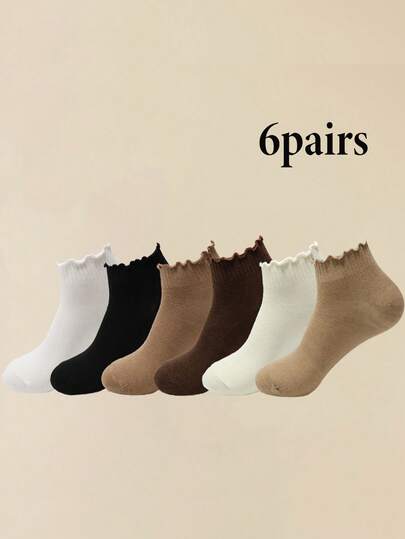 6 pares de calcetines cortos de unicolor para mujer, calcetines de tobillo lindos con ribete de encaje, calcetines de estilo universitario para primavera