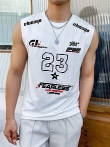 Men's Casual Sleeveless Vest With Number 23 Graphic, Versatile Daily Wear - White - View 4