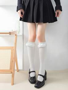 1 Pair Women's Knee-High Socks, Black & White Lace Trim Slimming Leg Socks For Spring/Summer, Versatile Wear With Skirts - Multicolor - View 10