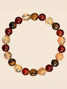 1pc 8mm Agate Beaded Bracelet - Yellow Tiger Eye, Red Agate - Natural Stone Elastic Beaded Bracelet - Attract Wealth, Bring Prosperity And Abundance, Attract Love, Bring Goodness - L01057 - View 2