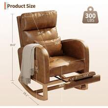 Silla basculante con reposapiés, Corduroy / PU cuero silla planadora con bolsillos laterales, silla de guardería con almohada, Silla basculante acento para sala de estar dormitorio sala de enfermería - Cuero PU naranja - Ver 2