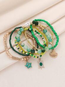 7pcs Bohemian Elegant Luxury Fashion Versatile Handmade Beaded, Crystal, Turtle, Starfish, Shell Pendant Elastic Bracelet Set, Suitable For Women Beach, Vacation, Party, Perfect Gift, Everyday Wear - Multicolor - View 7