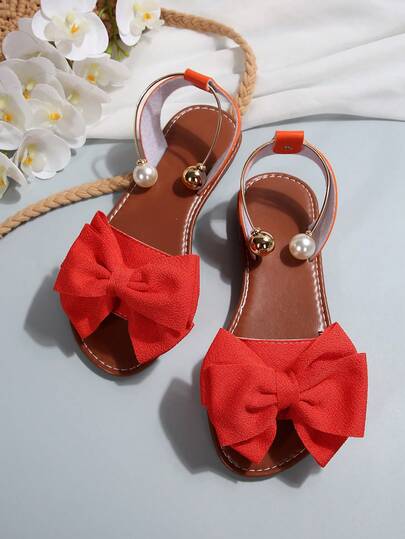 复古棕色超大蝴蝶结珍珠金属球带凉鞋，学生平底拖鞋，甜美休闲舒适夏季凉鞋